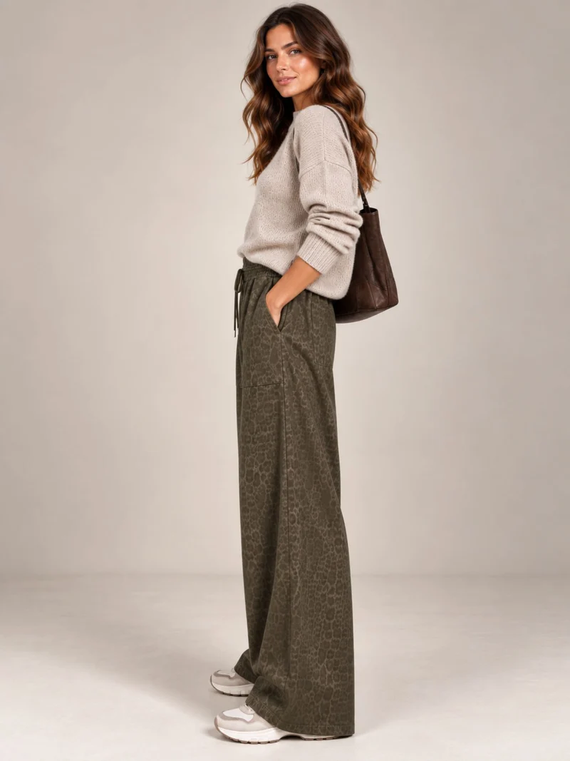 Only M - Palazzo mit Gummizug, High Waist, Animal Print Allover, Khaki