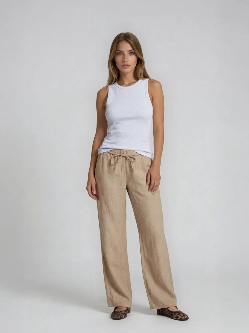 MAC - Chiara Belt, 100% Leinenhose, High-Waist, Almond Beige