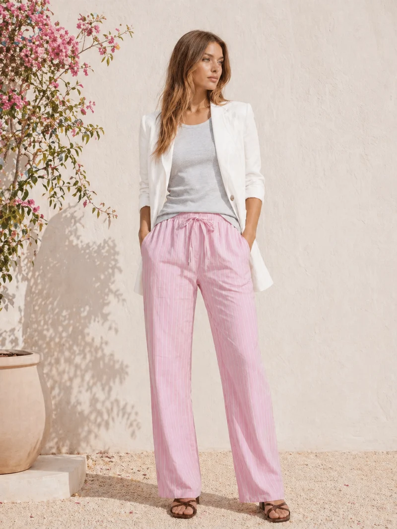 Bogilvy - SOLEIL - Leichte Sommerhose mit Gummizug, Mid-Waist, Rosa/Weiß