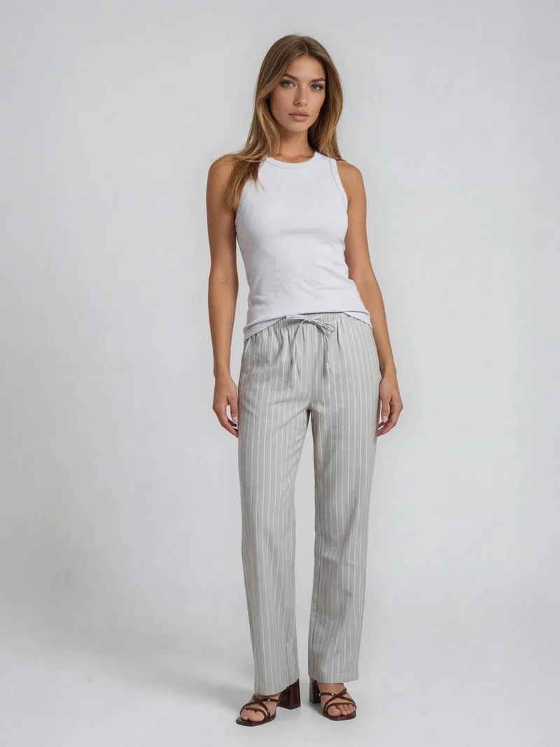 Bogilvy - SOLEIL - Leichte Sommerhose mit Gummizug, Mid-Waist, Grau/Weiß