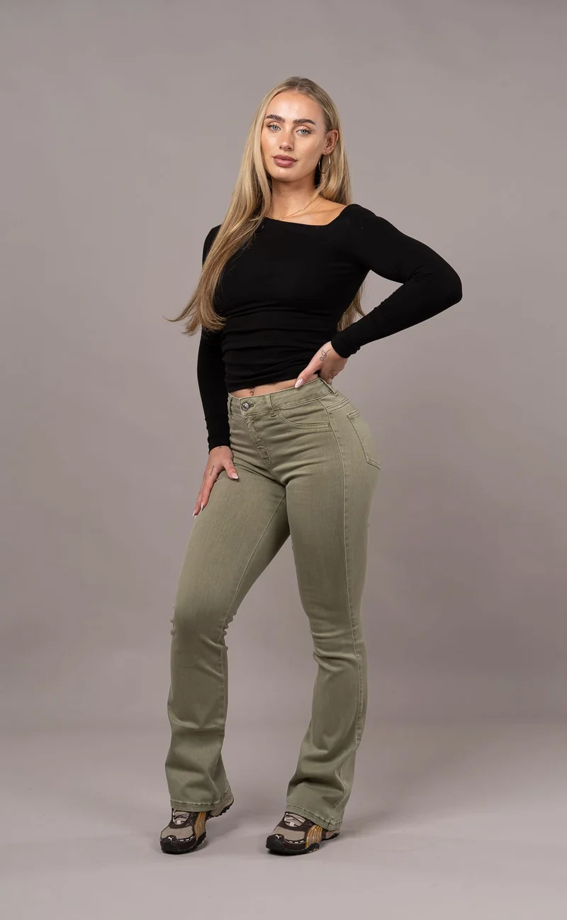 Womens Pastel Flared Mid Waisted Fitjeans - Khaki