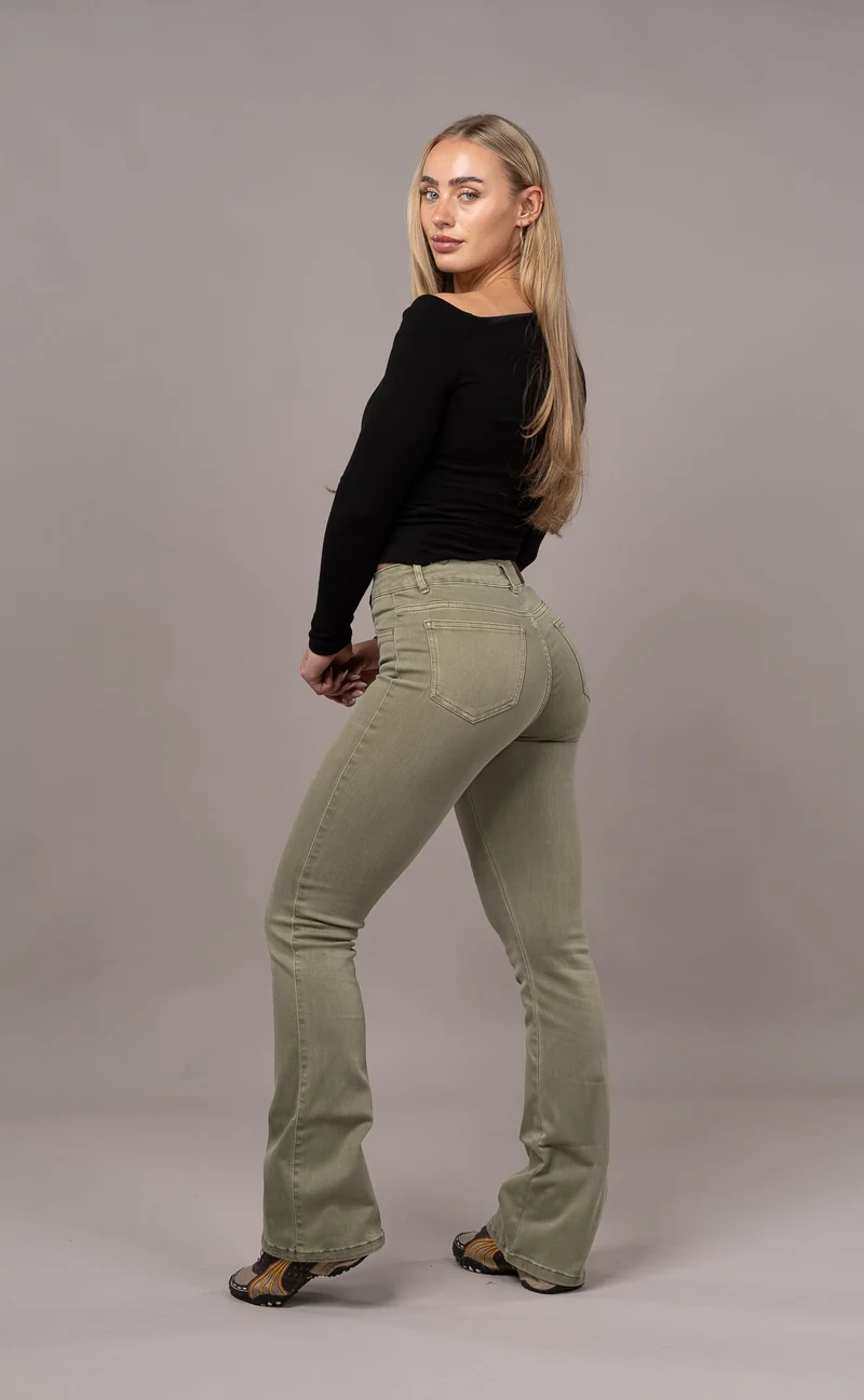 Womens Pastel Flared Mid Waisted Fitjeans - Khaki