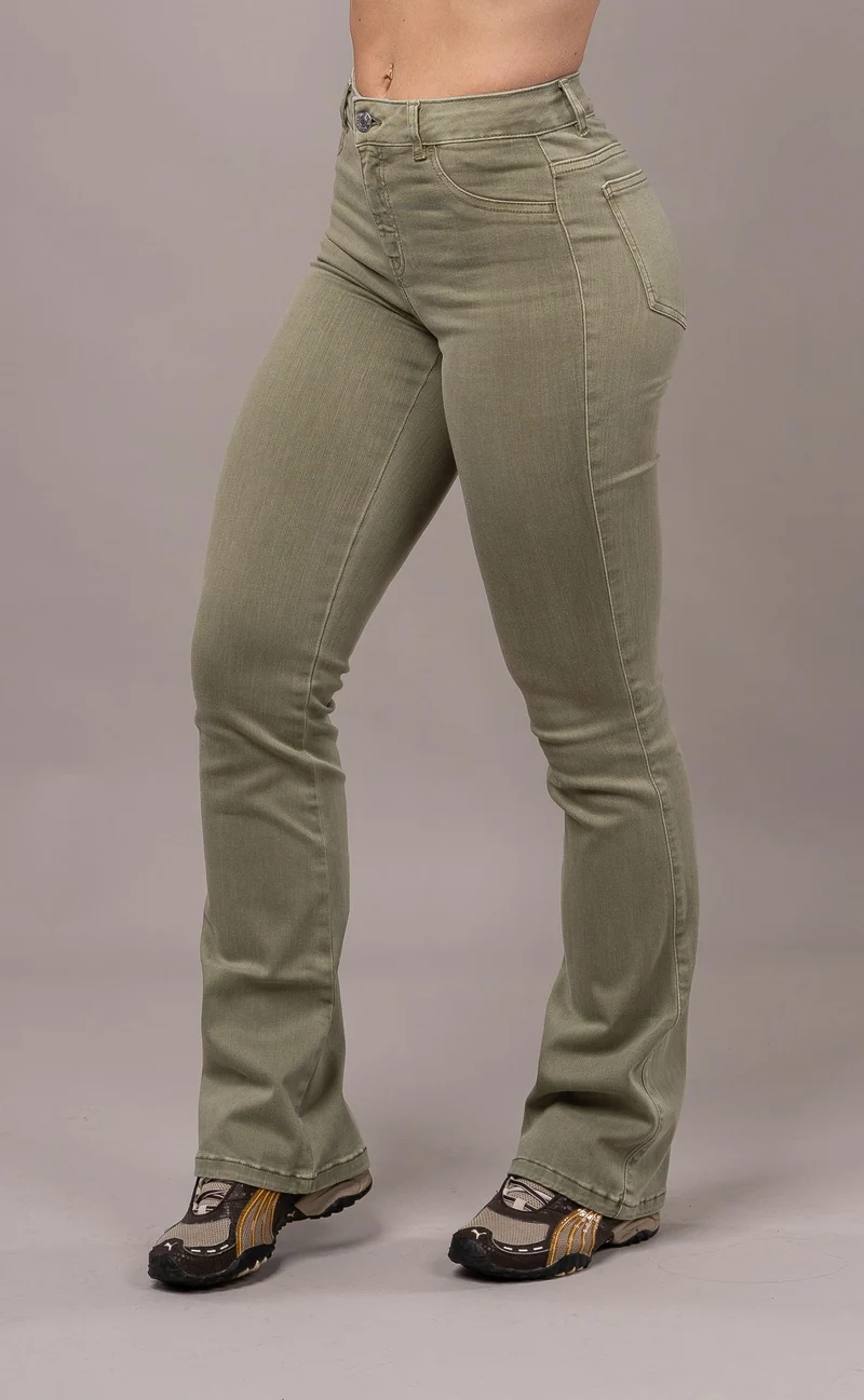 Womens Pastel Flared Mid Waisted Fitjeans - Khaki