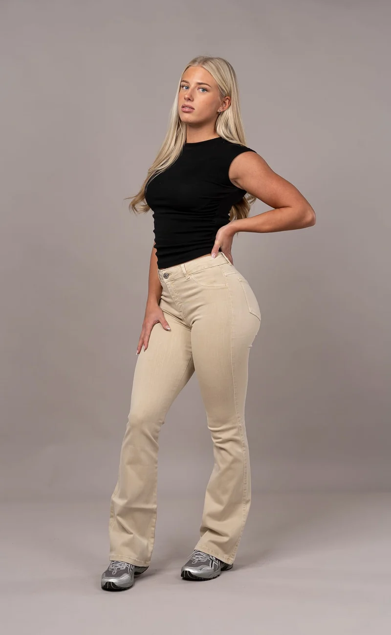 Womens Pastel Flared Mid Waisted Fitjeans - Sand