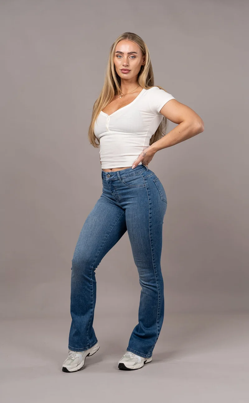 Womens Flared Mid Waisted Fitjeans - Azure Blue