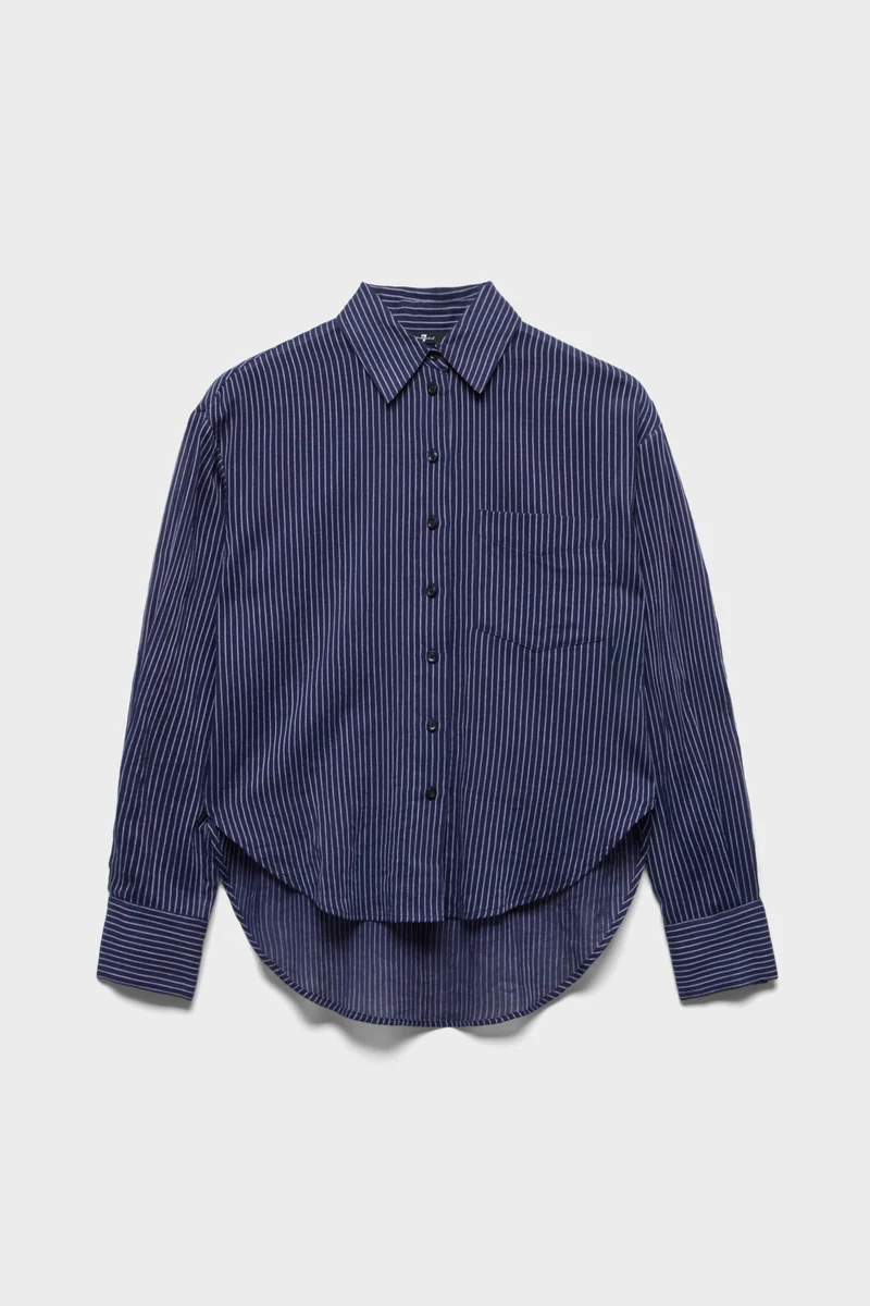 Oversize Button Down in Navy Stripe