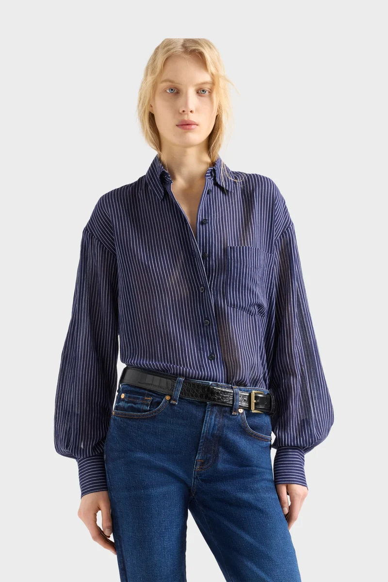 Oversize Button Down in Navy Stripe