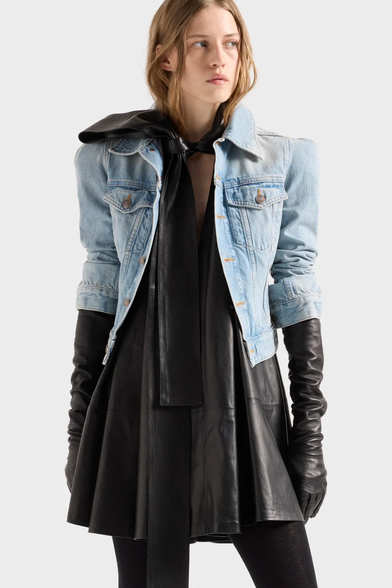 PUFF SLEEVE TRUCKER JACKET in Denim Chelsea