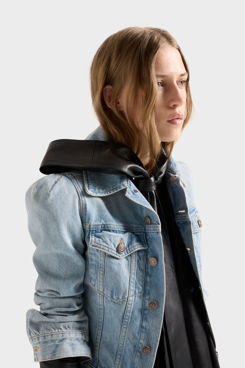 PUFF SLEEVE TRUCKER JACKET in Denim Chelsea