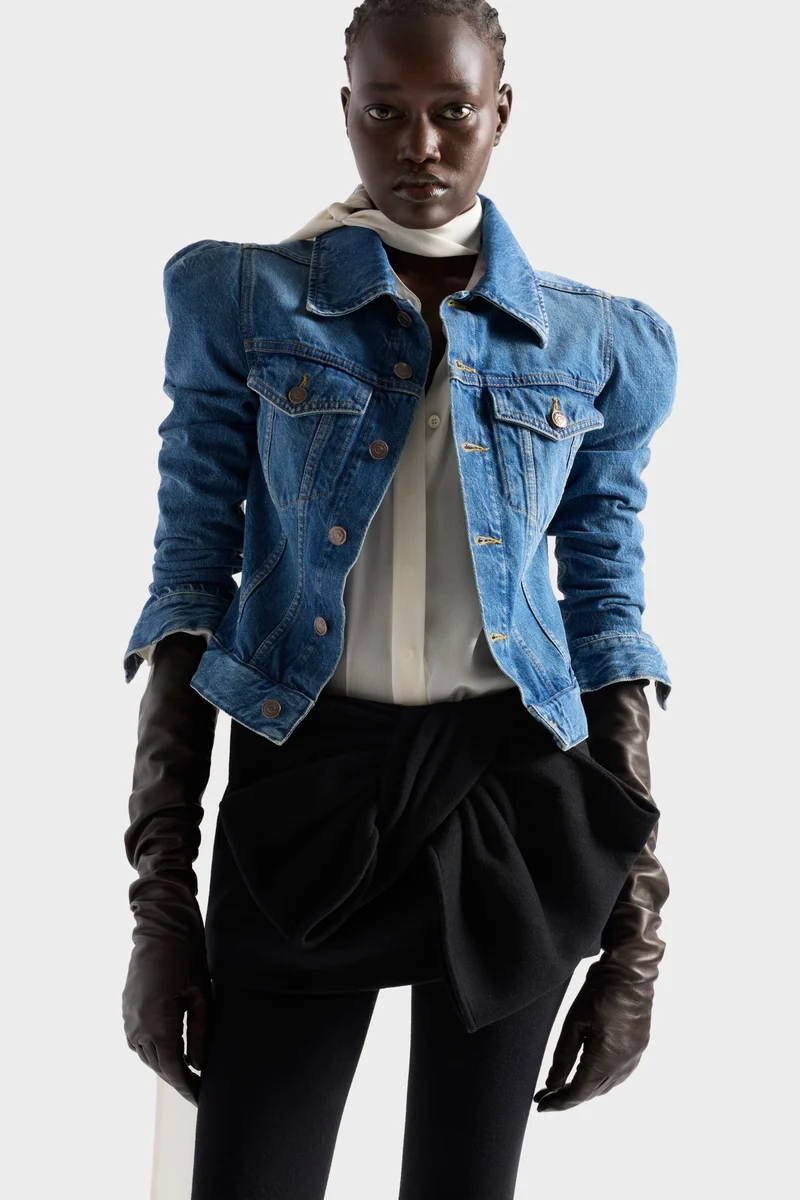 PUFF SLEEVE TRUCKER JACKET in Denim Midtown