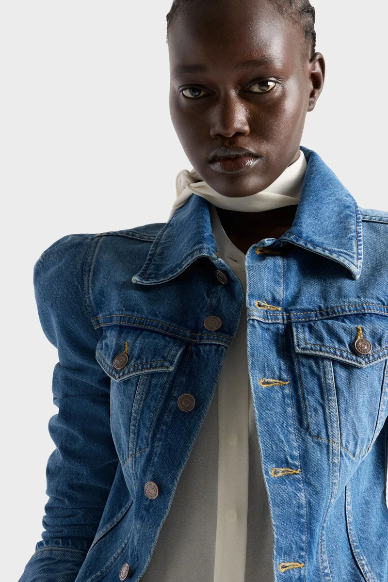 PUFF SLEEVE TRUCKER JACKET in Denim Midtown