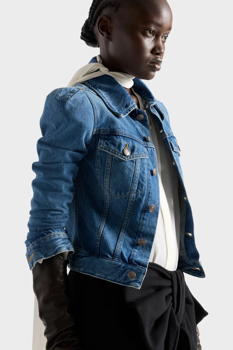 PUFF SLEEVE TRUCKER JACKET in Denim Midtown