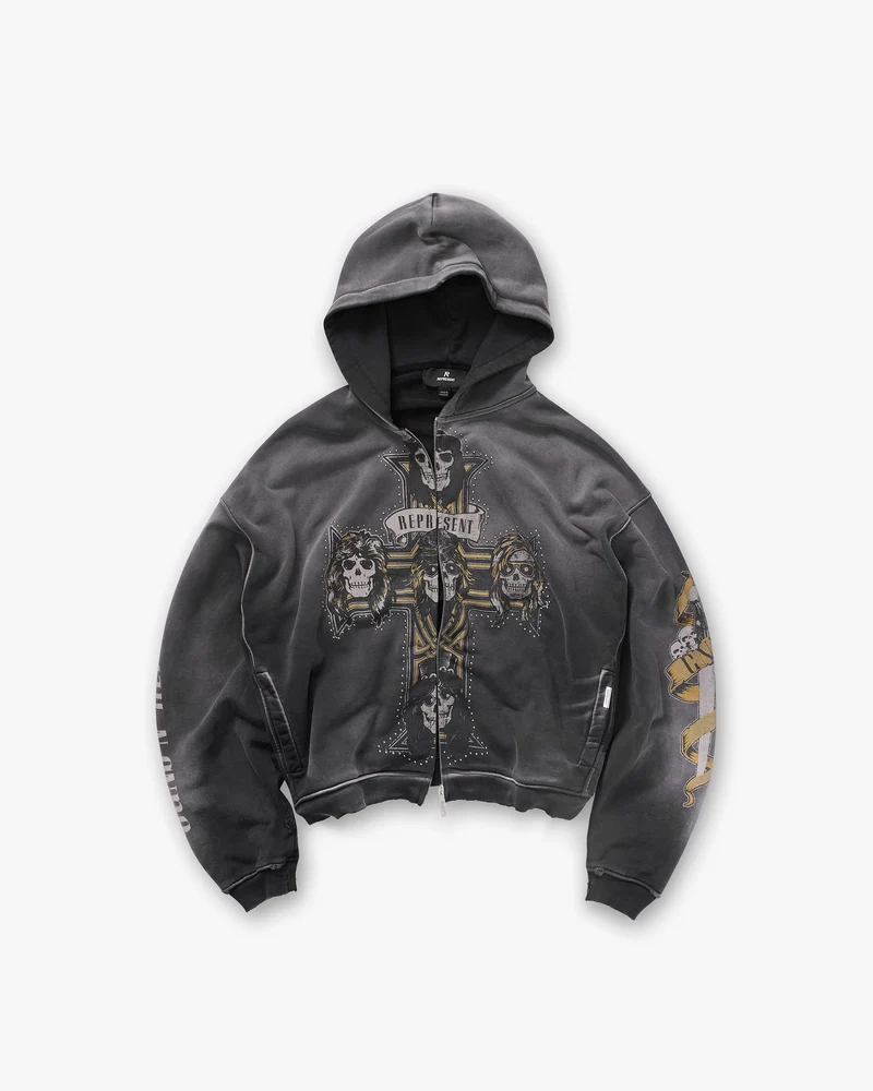 Represent X Guns N' Roses Cross Zip Through Hoodie - Stained Black