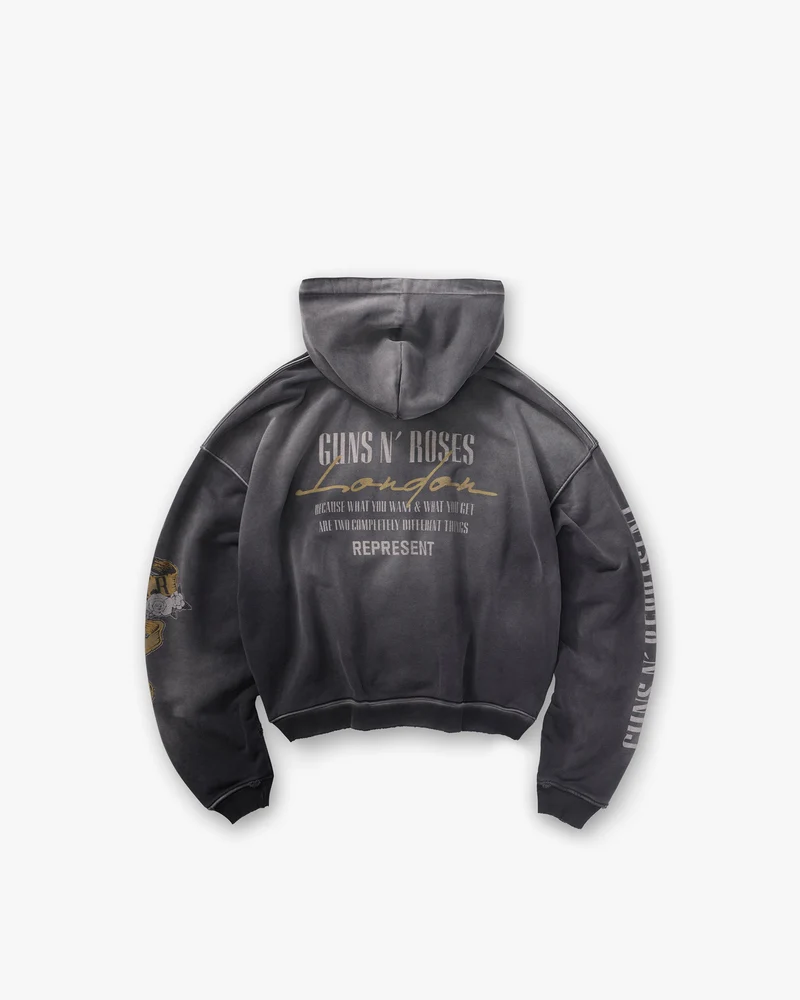 Represent X Guns N' Roses Cross Zip Through Hoodie - Stained Black