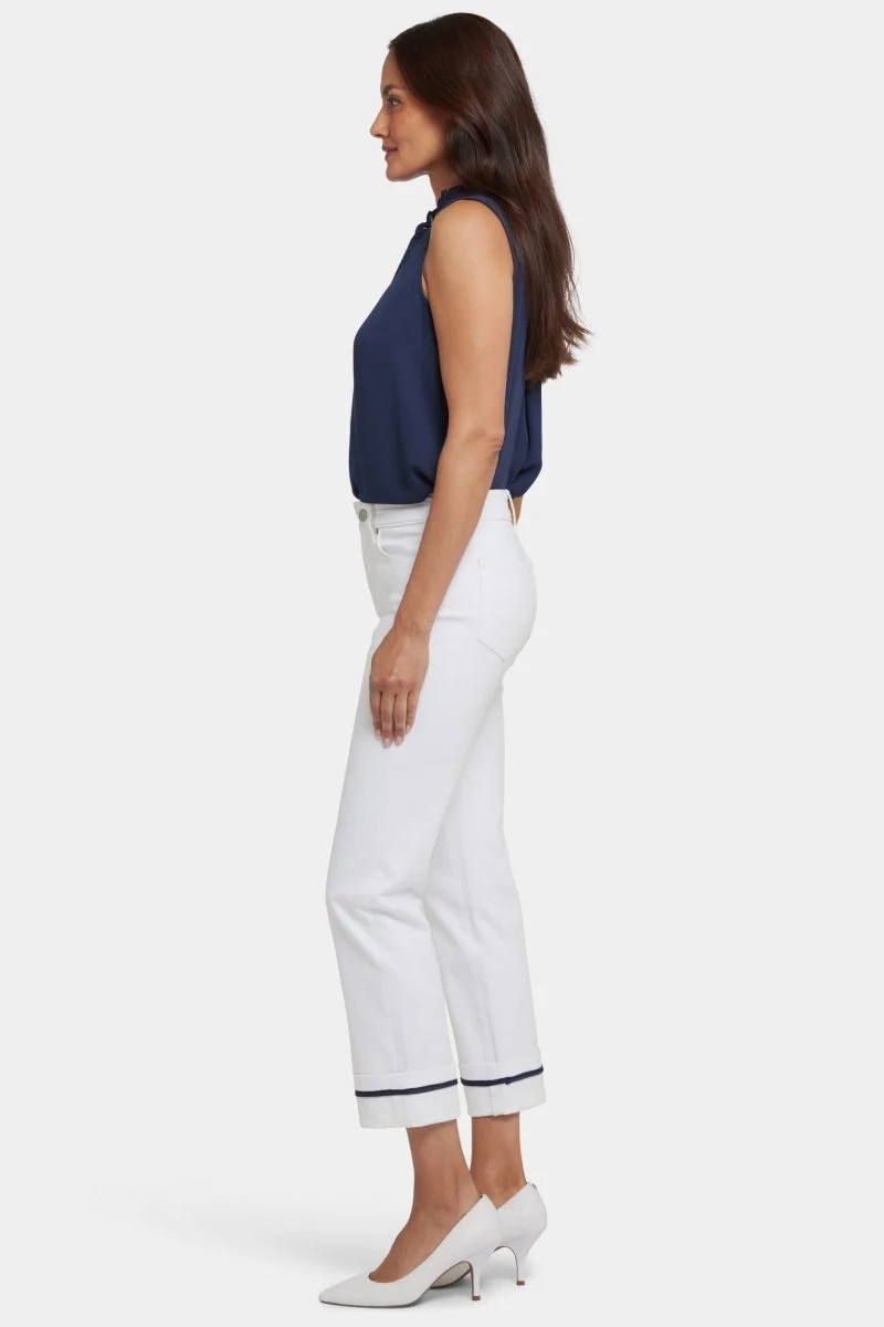 Marilyn Straight Ankle Jeans mit tiefen Manschetten und Binde-Detail | Optic White