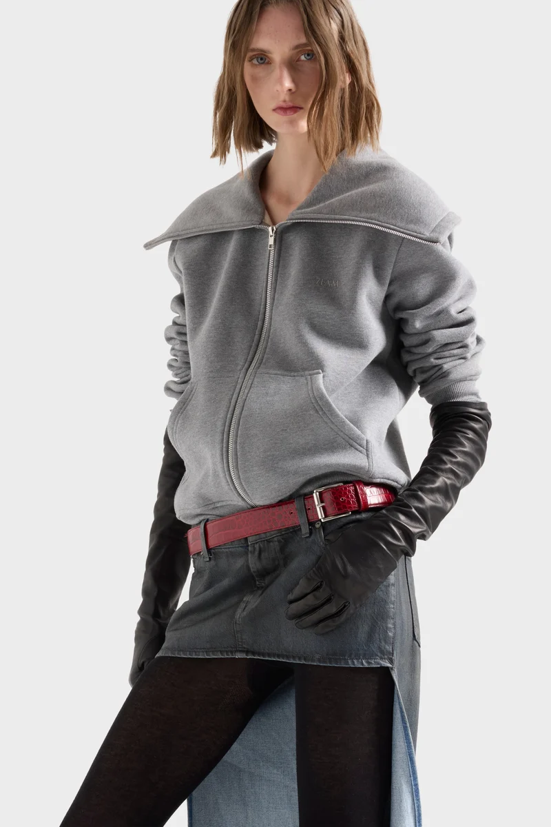 HIGH NECK ZIP HOODIE in Ash