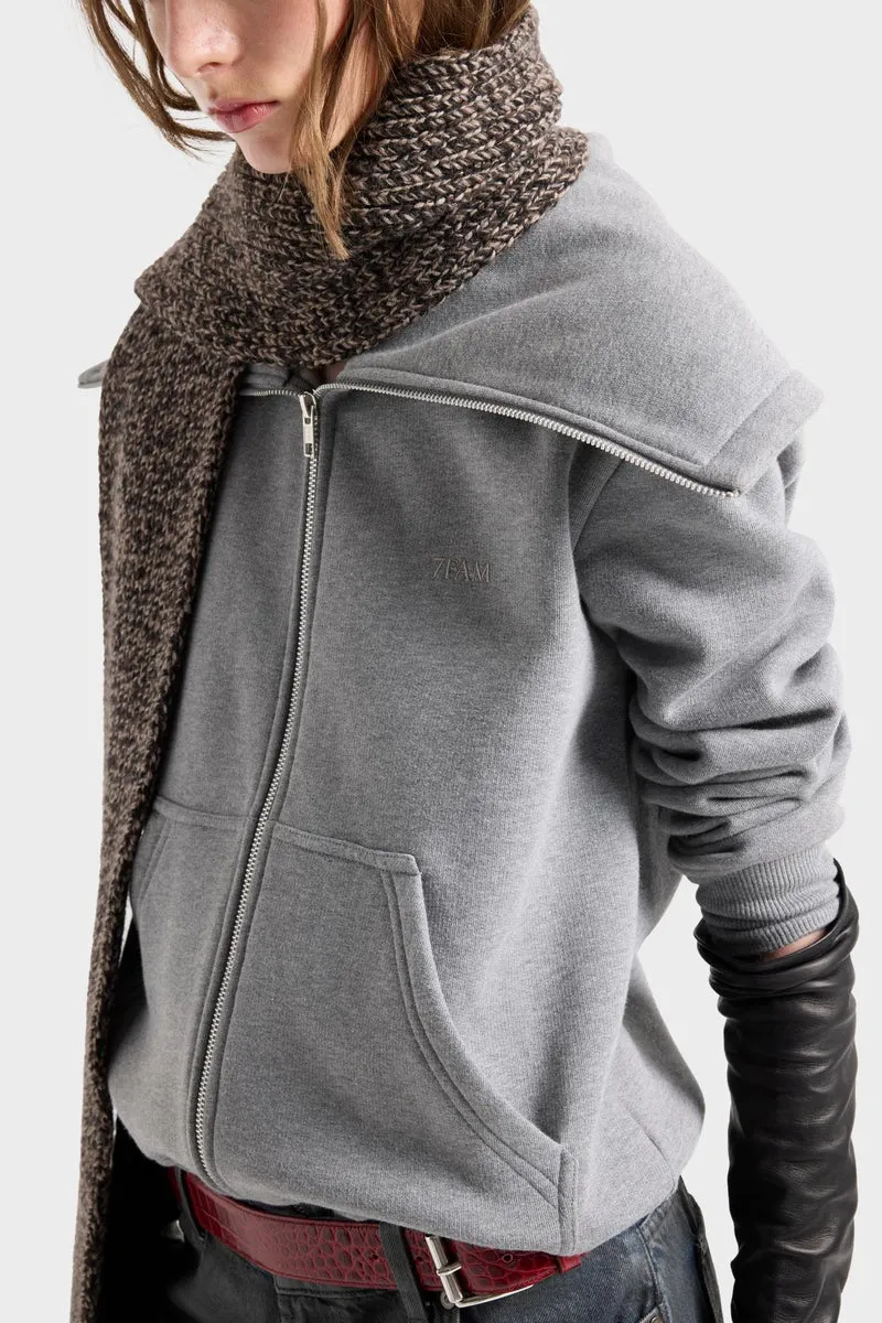 HIGH NECK ZIP HOODIE in Ash