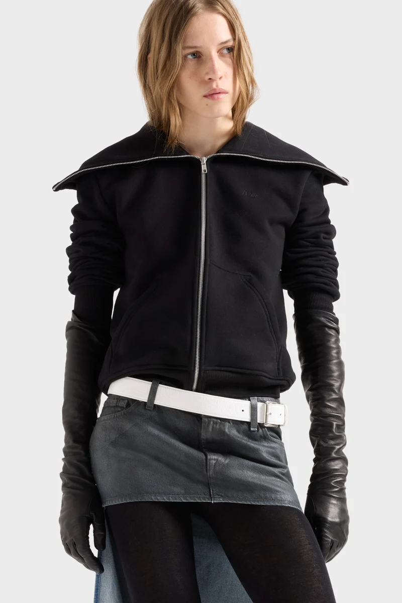 HIGH NECK ZIP HOODIE in Black
