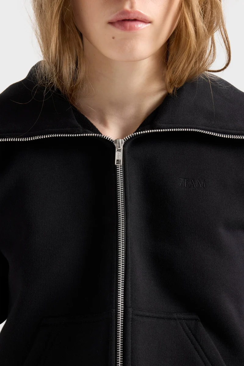 HIGH NECK ZIP HOODIE in Black