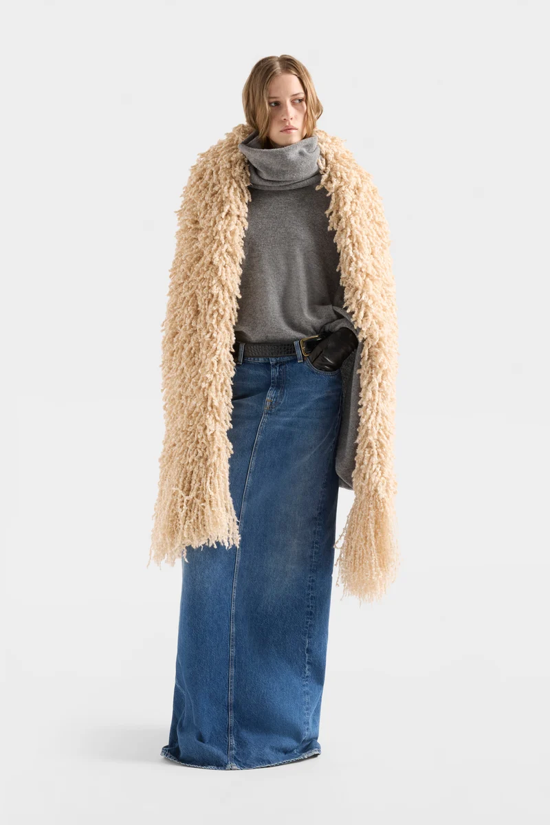HIGH NECK SHAWL SWEATER in Wool Stone