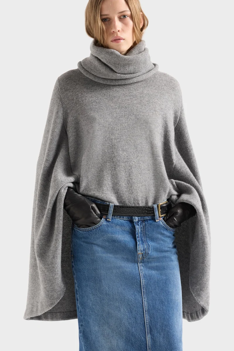 HIGH NECK SHAWL SWEATER in Wool Stone