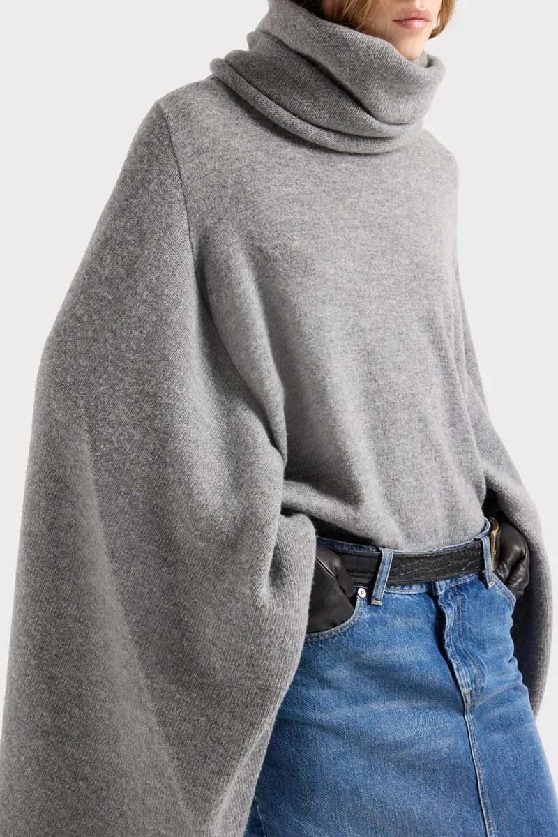 HIGH NECK SHAWL SWEATER in Wool Stone