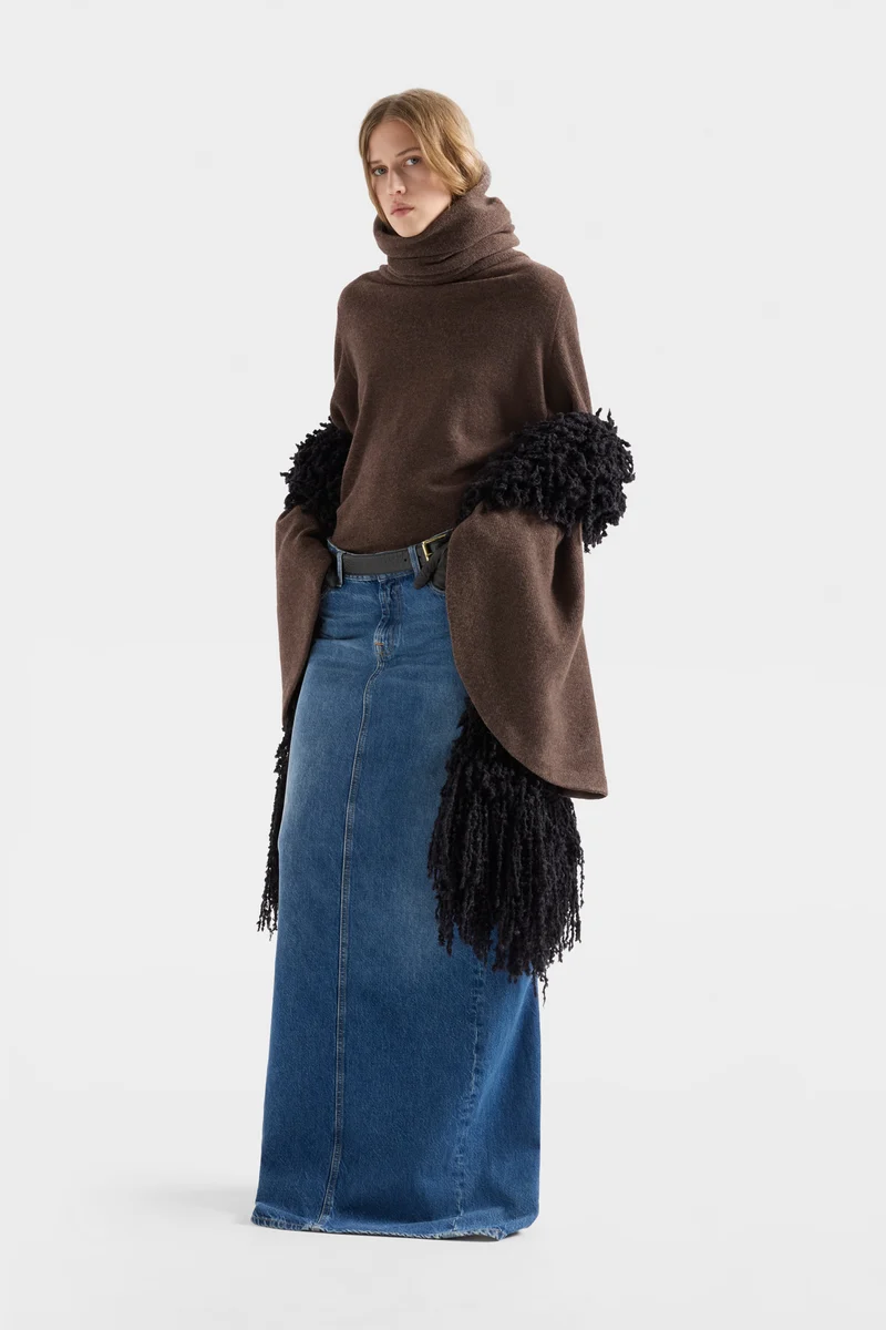 HIGH NECK SHAWL SWEATER in Wool Bark