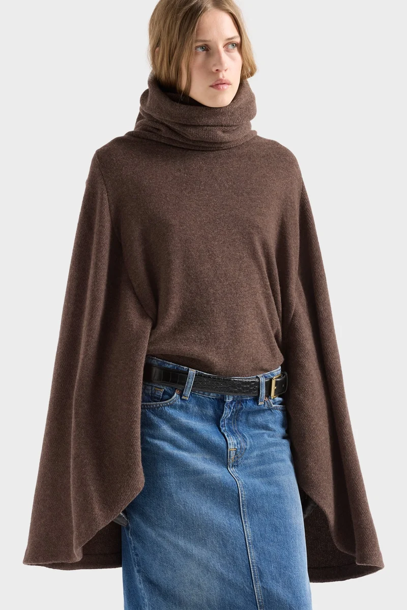 HIGH NECK SHAWL SWEATER in Wool Bark