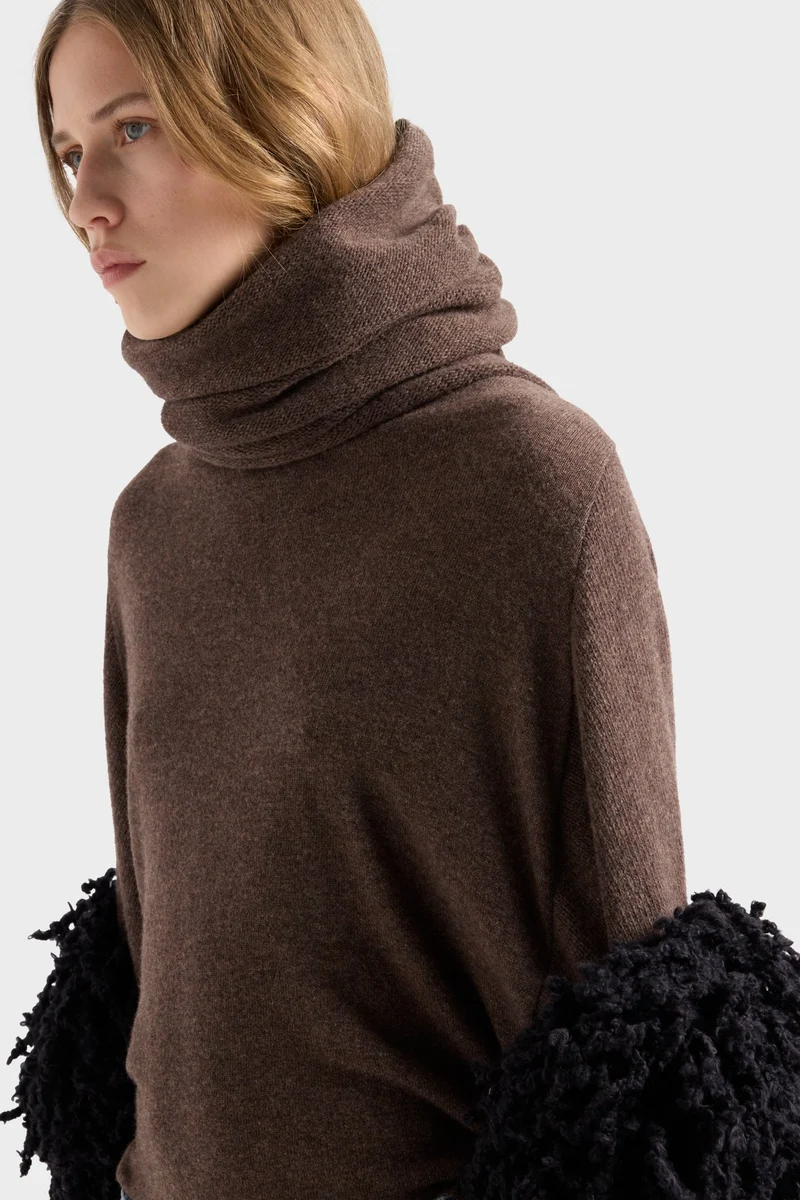 HIGH NECK SHAWL SWEATER in Wool Bark