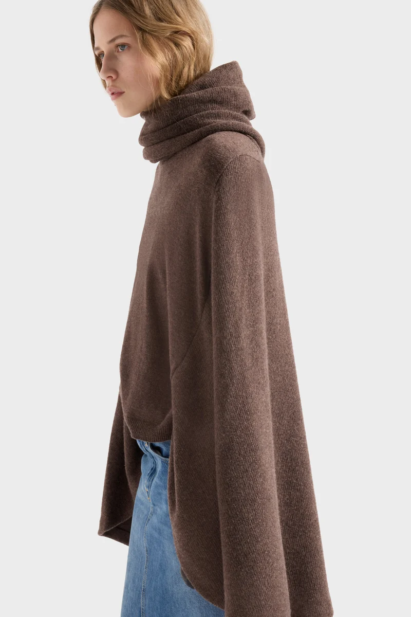 HIGH NECK SHAWL SWEATER in Wool Bark