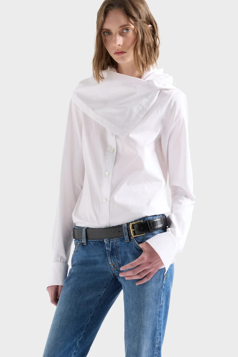 HIGH NECK LONG SLEEVE SHIRT in Poplin Off White