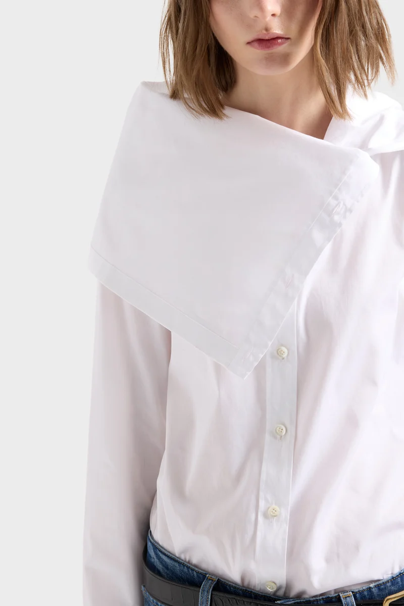 HIGH NECK LONG SLEEVE SHIRT in Poplin Off White