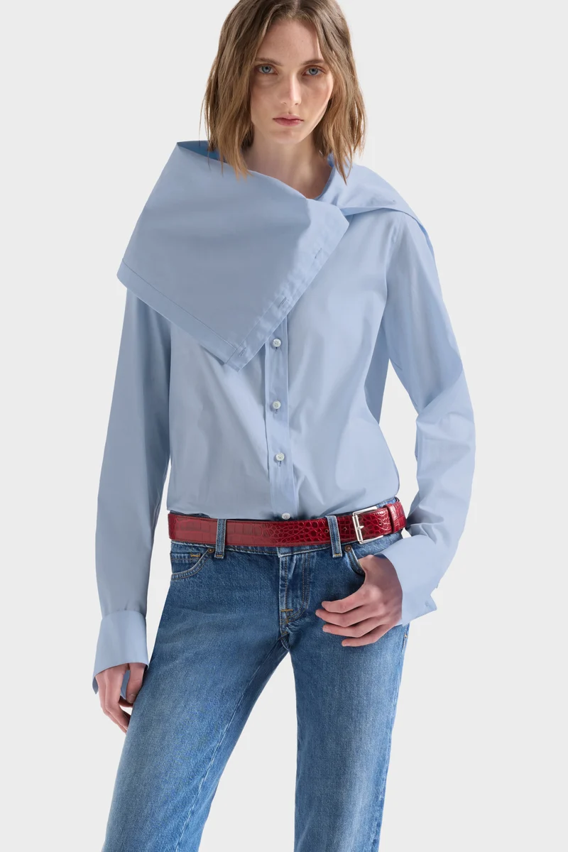 HIGH NECK LONG SLEEVE SHIRT in Poplin Sky Blue