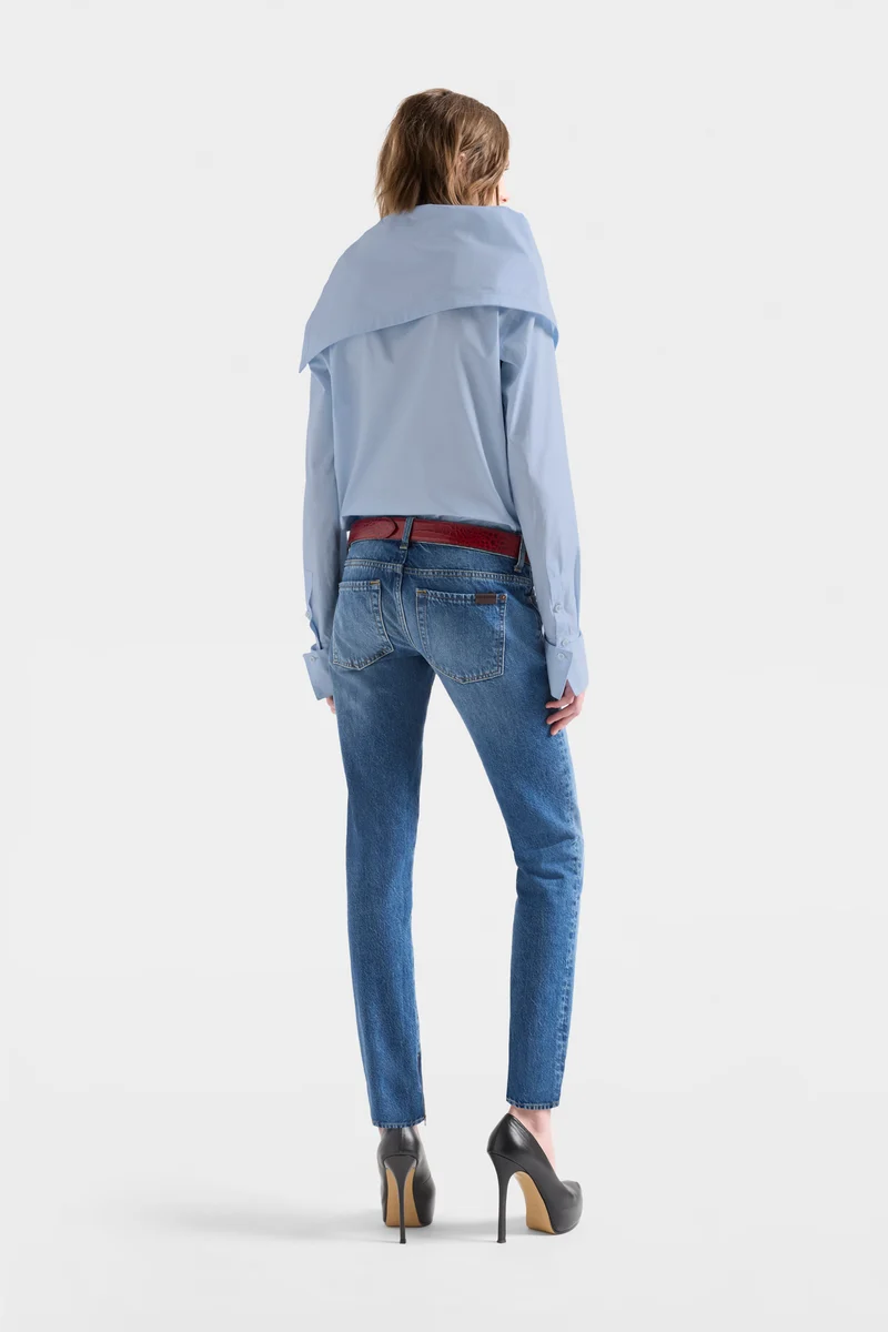 HIGH NECK LONG SLEEVE SHIRT in Poplin Sky Blue