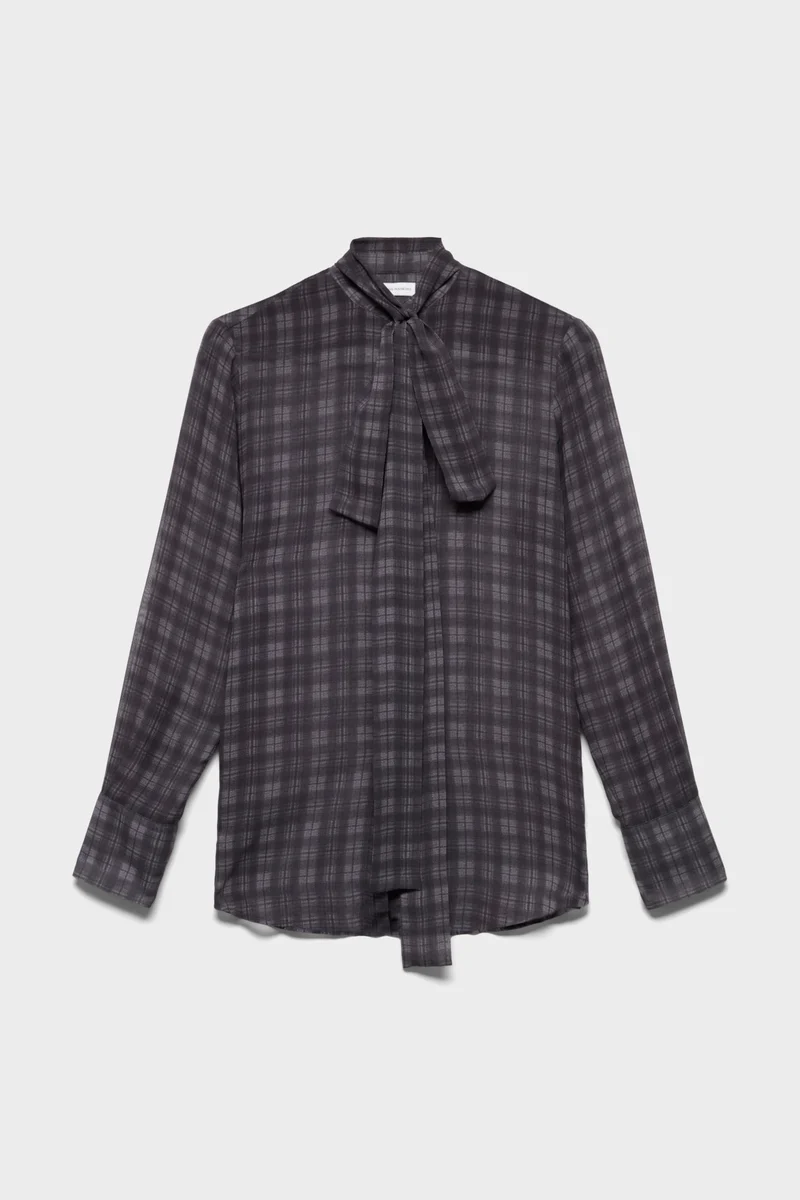 LONG SLEEVE BOW SHIRT in Silk Houndstooth Grey