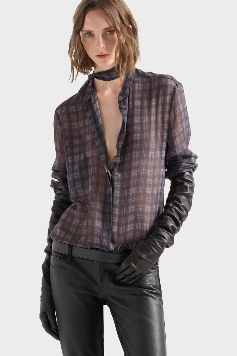 LONG SLEEVE BOW SHIRT in Silk Houndstooth Grey