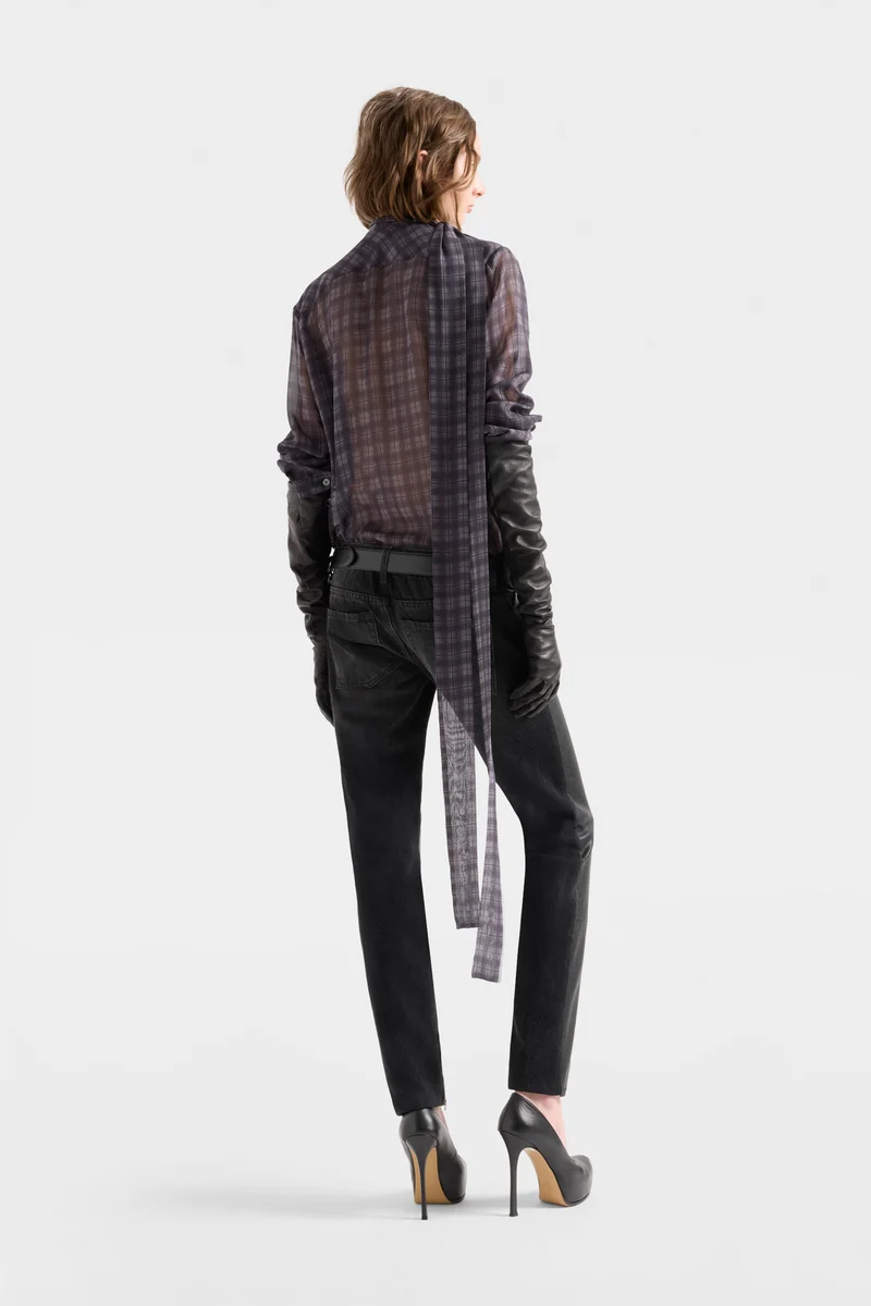 LONG SLEEVE BOW SHIRT in Silk Houndstooth Grey