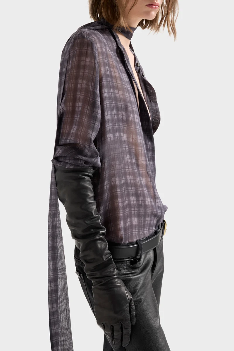 LONG SLEEVE BOW SHIRT in Silk Houndstooth Grey