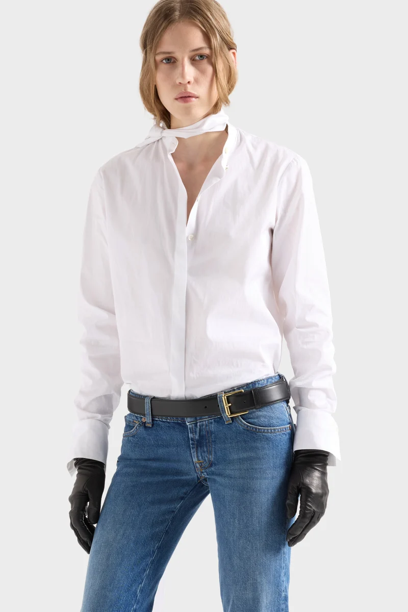 LONG SLEEVE BOW SHIRT in Poplin Off White