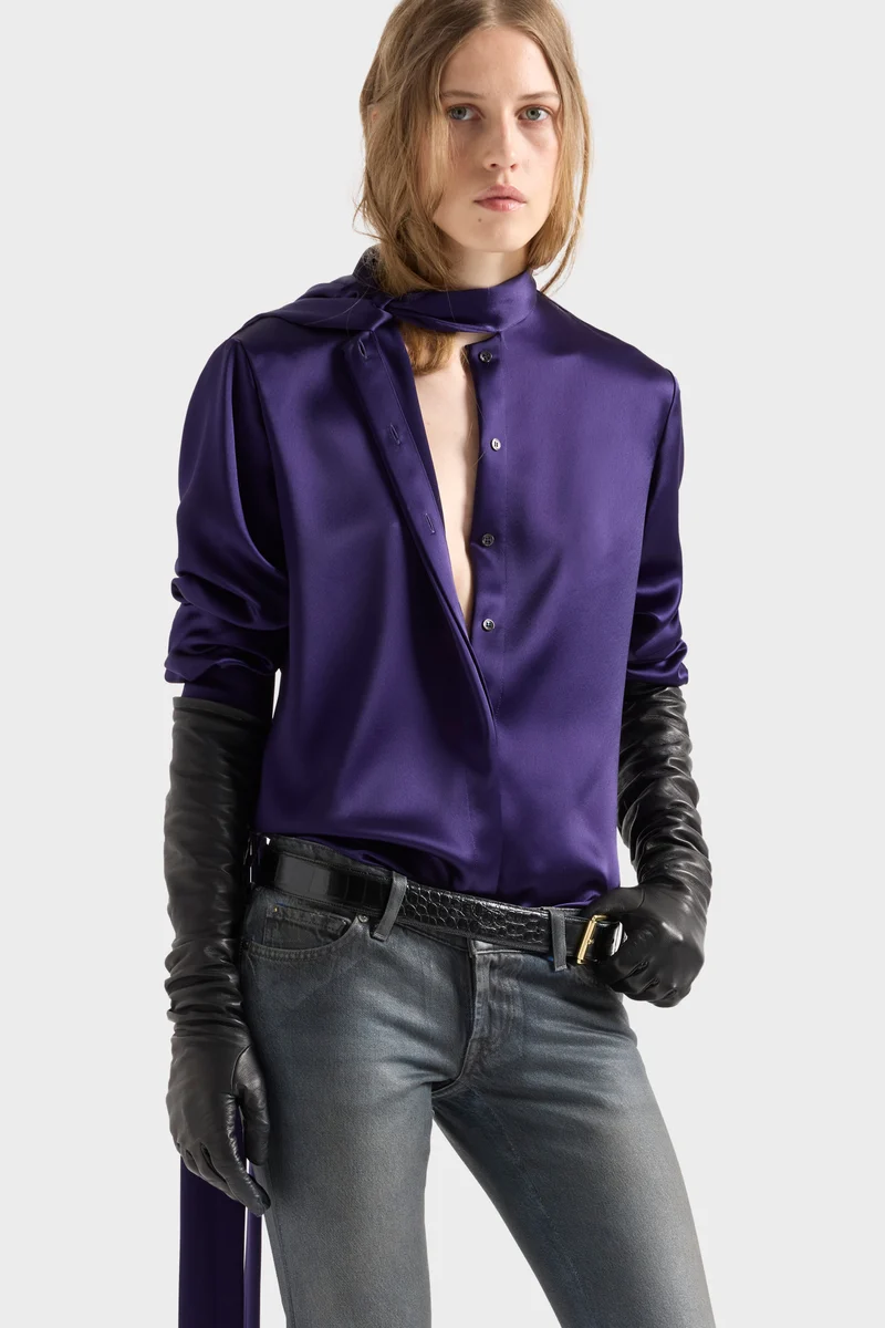 LONG SLEEVE BOW SHIRT in Satin Icevine