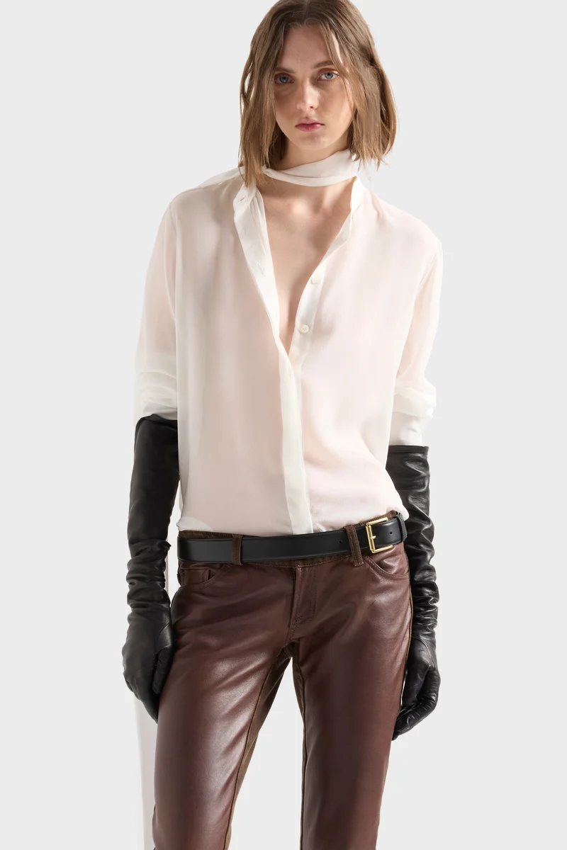 LONG SLEEVE BOW SHIRT in Silk Ivory