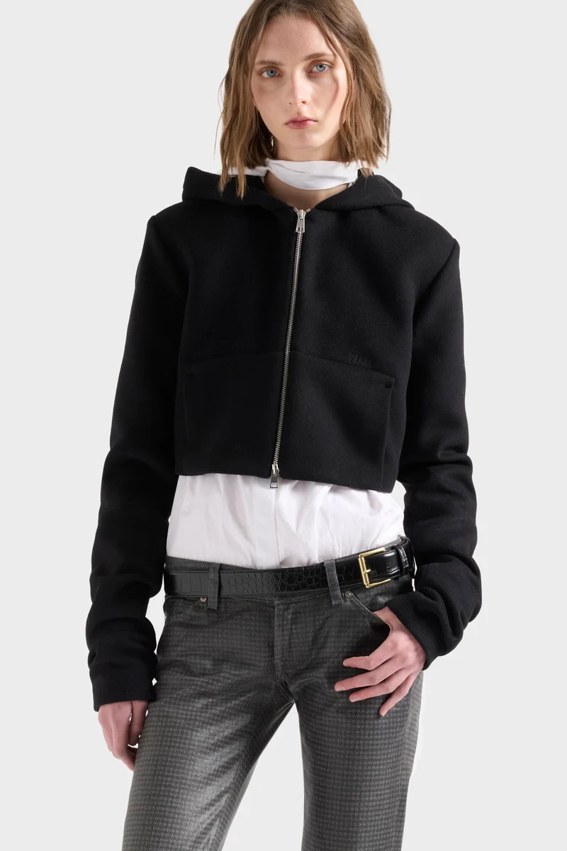 RUCHED ZIP HOODIE in Wool Black