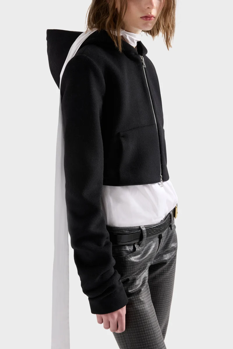 RUCHED ZIP HOODIE in Wool Black