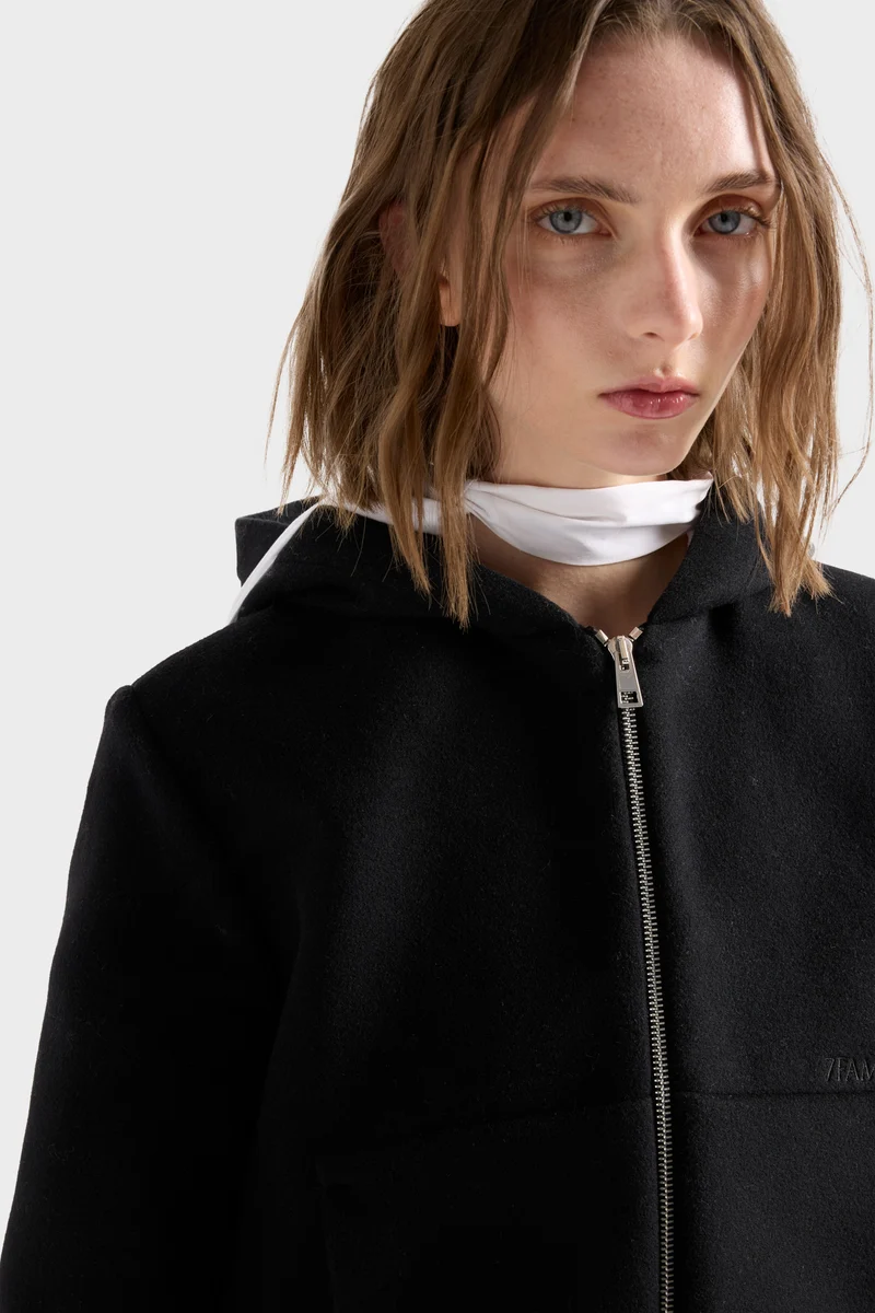 RUCHED ZIP HOODIE in Wool Black