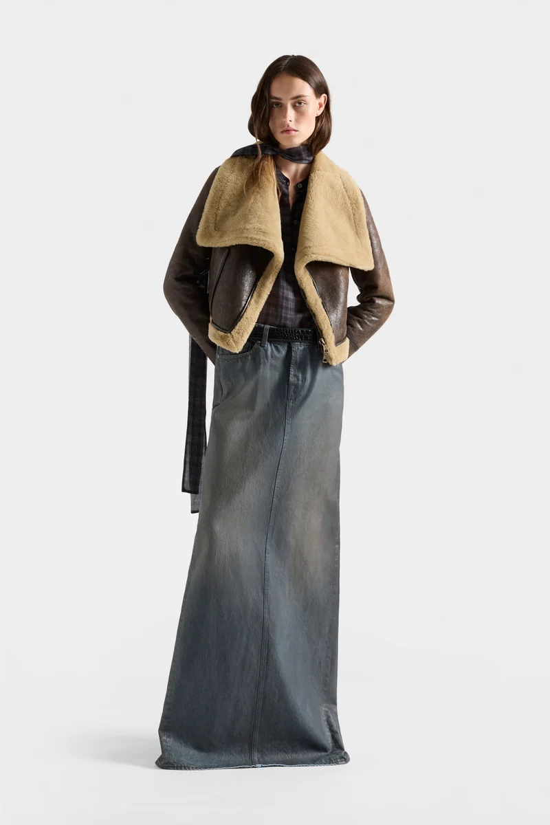 HIGH COLLAR SHEARLING JACKET in Leather Walnut