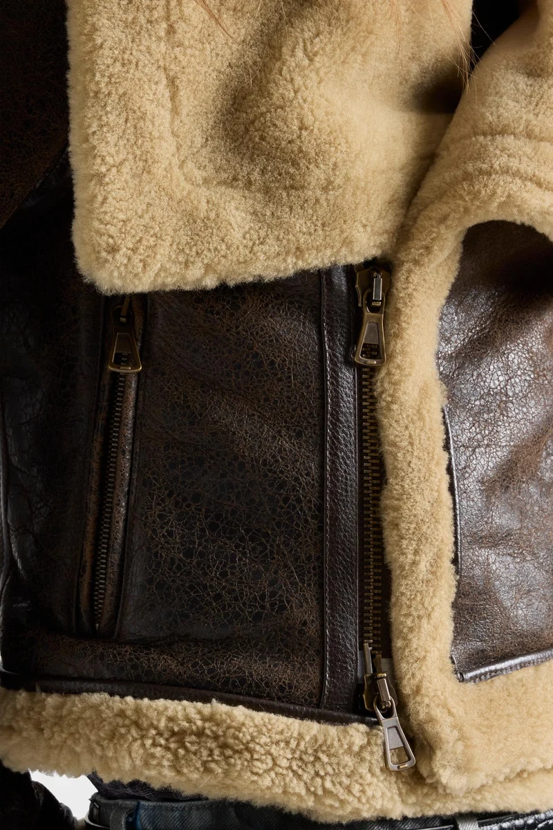 HIGH COLLAR SHEARLING JACKET in Leather Walnut