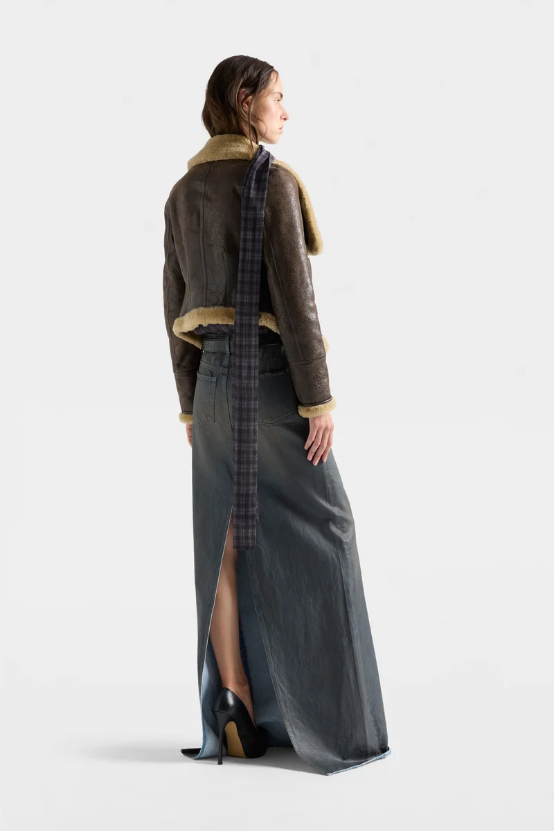 HIGH COLLAR SHEARLING JACKET in Leather Walnut