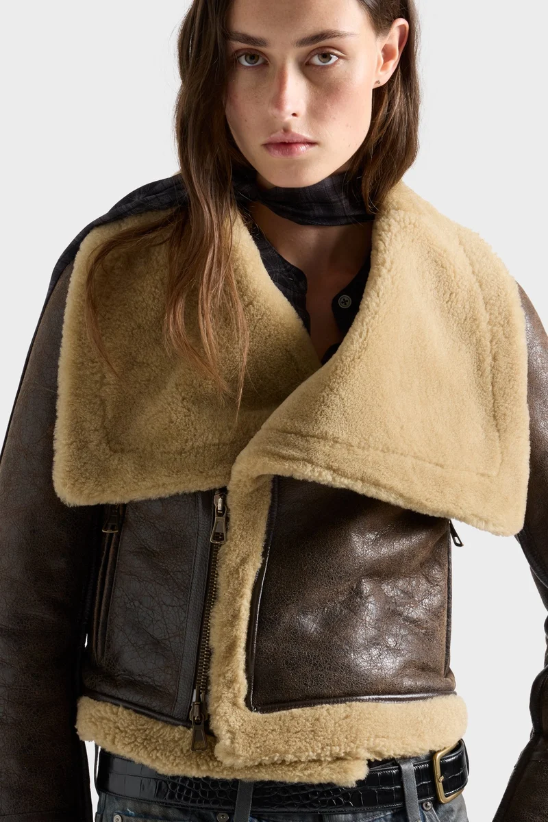 HIGH COLLAR SHEARLING JACKET in Leather Walnut