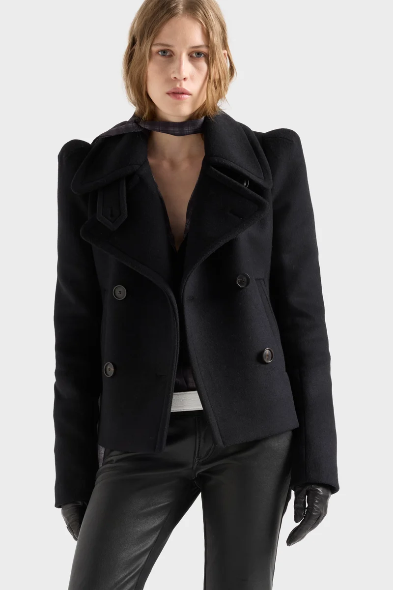DOUBLE BREASTED HIGH SHOULDER JACKET in Wool Sable