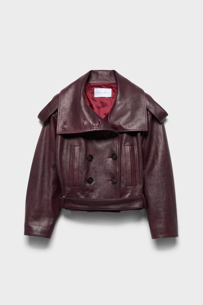 DOUBLE BREASTED HIGH NECK SHORT COAT in Leather Black Cherry